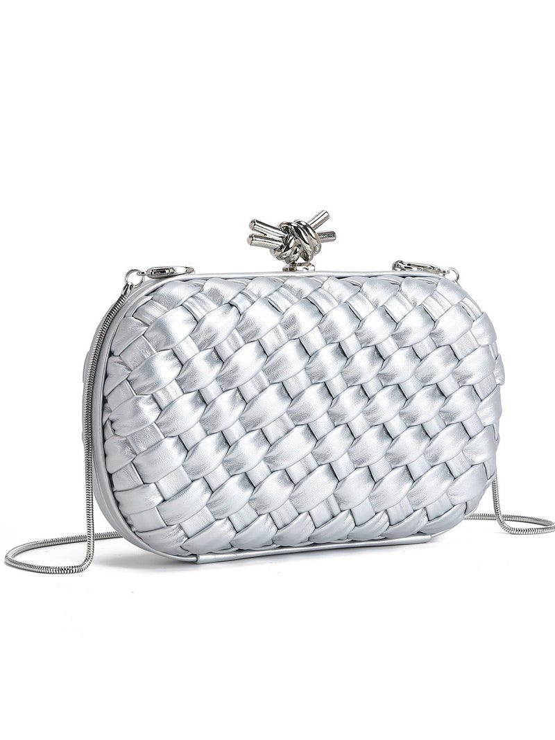 Small Fragrant Woven Evening Bag Chain Clutch Bag Big-Name Style Clip Box Diagonal Shoulder Bag - Image 3