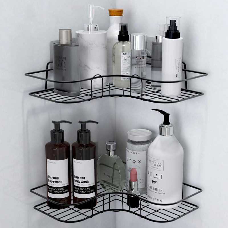 Plantex Corner Shelf For Bathroom/Self Adhesive Shelf For Kitchen With Magic Sticker/Bathroom Organiser-Gi Metal(Pack Of 2),Black - Image 1