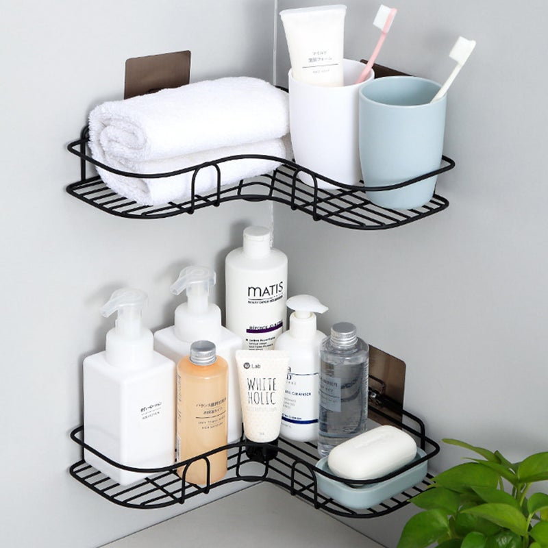 Plantex Corner Shelf For Bathroom/Self Adhesive Shelf For Kitchen With Magic Sticker/Bathroom Organiser-Gi Metal(Pack Of 2),Black - Image 4