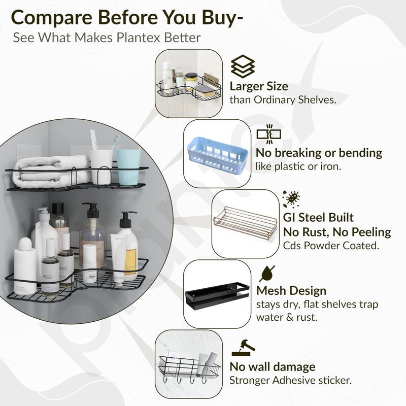 Plantex Corner Shelf For Bathroom/Self Adhesive Shelf For Kitchen With Magic Sticker/Bathroom Organiser-Gi Metal(Pack Of 2),Black - Image 3