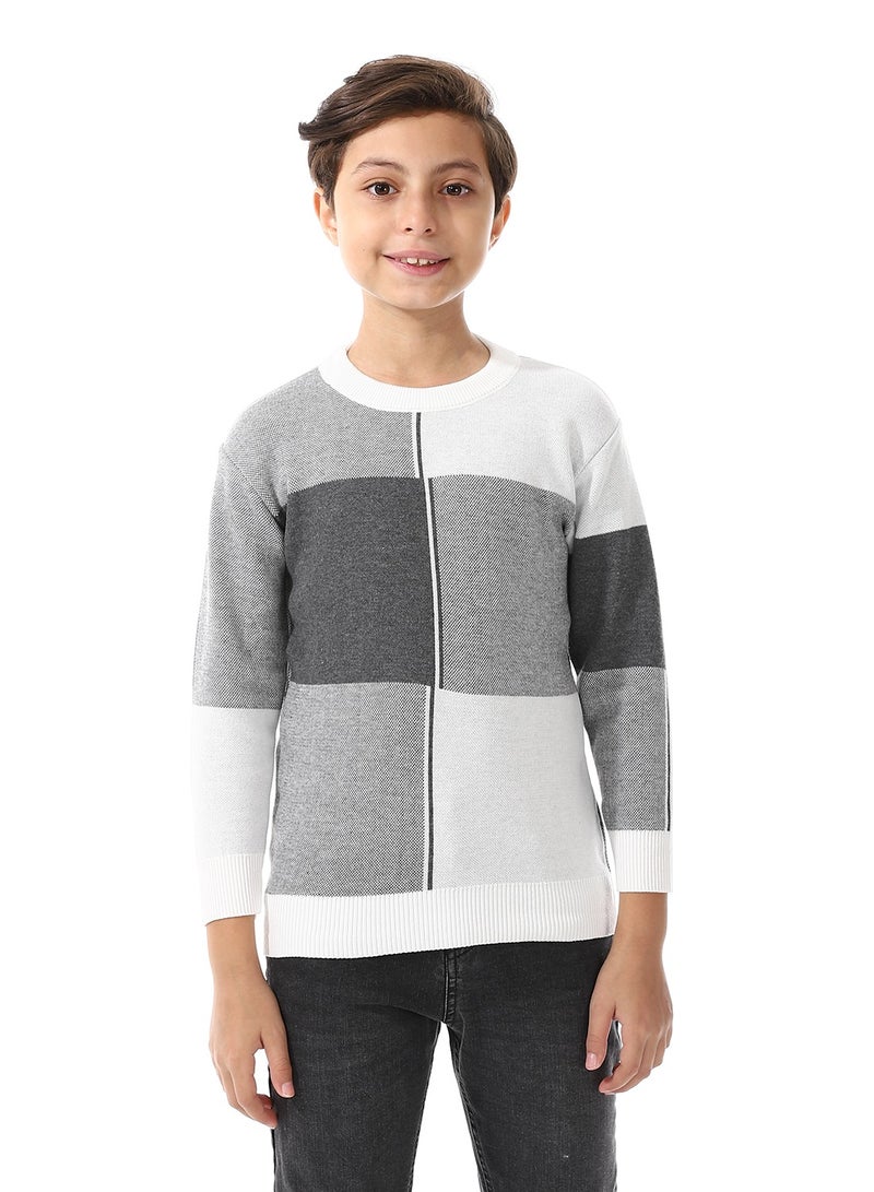 Andora Round Neck Self Pattern Boys Pullover_Grey & White - Image 1