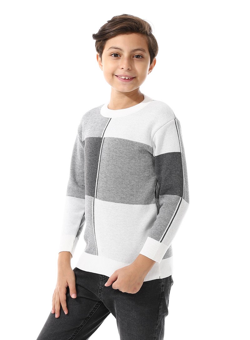Andora Round Neck Self Pattern Boys Pullover_Grey & White - Image 2