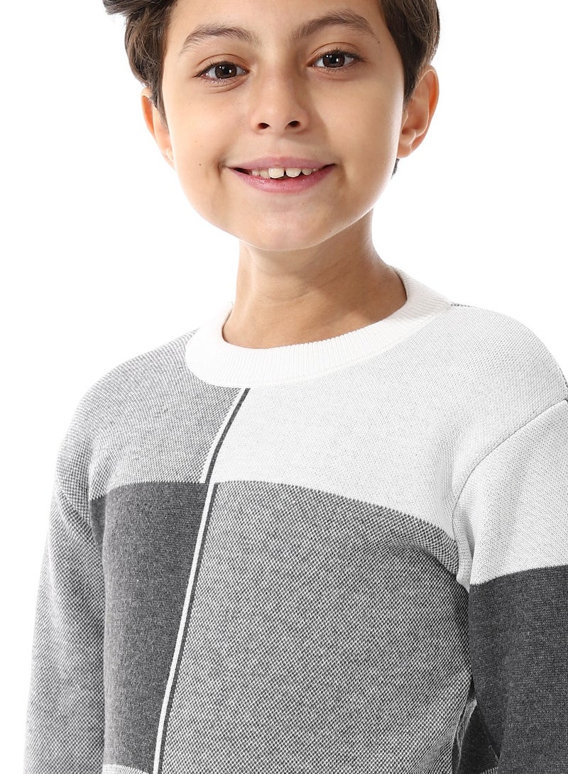 Andora Round Neck Self Pattern Boys Pullover_Grey & White - Image 5
