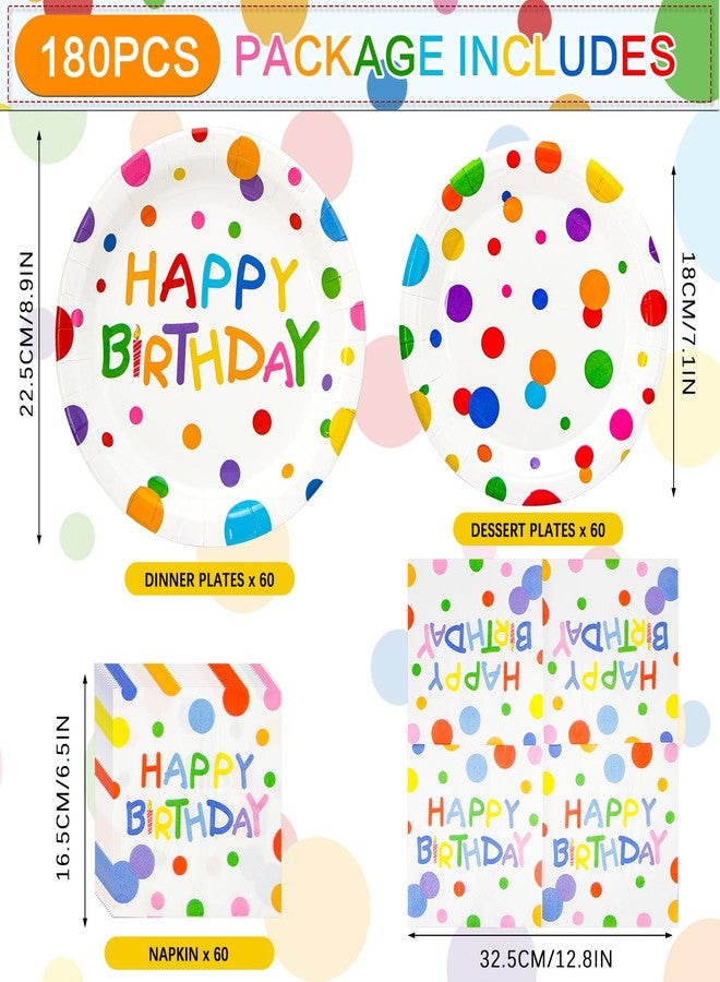 Dhnvcud 180PCS Happy Birthday Party Supplies Serves 60,Rainbow Dot Party Paper Plates and Napkins Set for Kids Boys Girls Birthday Party Decorations - Image 2