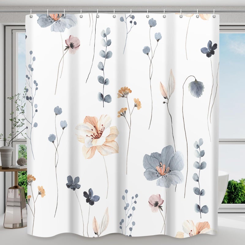 WITHLOC Shower Curtain Watercolor Flower Shower Curtain Sets  Spring Blue Beige Floral Plant Shower Curtains for Bathroom Washable Modern Farmhouse Decor 72 x 72