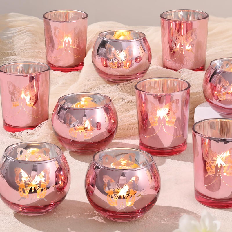 Lanttu Pink 12 PCS Combination Tea Lights Candle Holder Decorative with Butterfly Pattern, Votive Candle Holders for Wedding, Birthday, Anniversary, Parties, and Holiday Decorations - Image 1