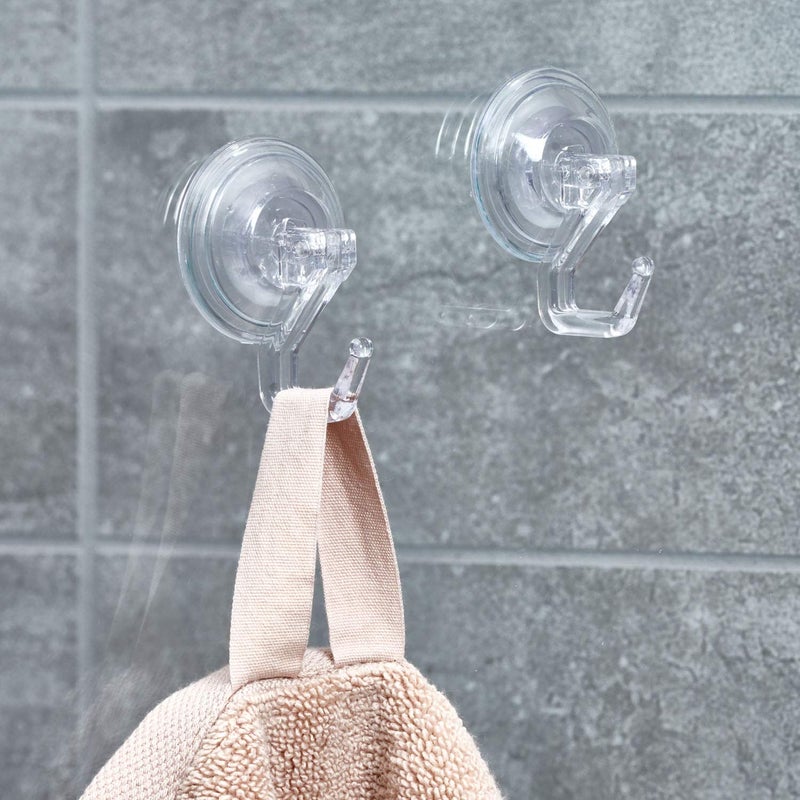 InterDesign iDesign Power Lock Bathroom Suction Cup Hooks for Loofah, Towels, Sponges and More, Set of 2, Clear - Image 2