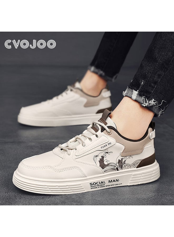 Cvojoo Men's Canvas Shoes, National Trend Printed Sneakers, Versatile Casual Shoes, Lace-up Breathable Men's Shoes, Gr301, Beige, Size 42 - Image 3