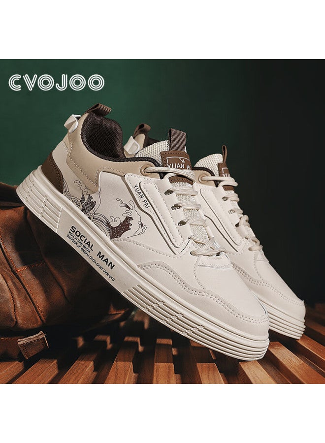 Cvojoo Men's Canvas Shoes, National Trend Printed Sneakers, Versatile Casual Shoes, Lace-up Breathable Men's Shoes, Gr301, Beige, Size 42 - Image 2
