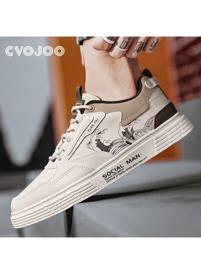 Cvojoo Men's Canvas Shoes, National Trend Printed Sneakers, Versatile Casual Shoes, Lace-up Breathable Men's Shoes, Gr301, Beige, Size 42 - Image 5