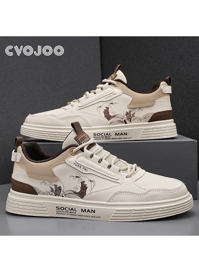 Cvojoo Men's Canvas Shoes, National Trend Printed Sneakers, Versatile Casual Shoes, Lace-up Breathable Men's Shoes, Gr301, Beige, Size 42 - Image 1