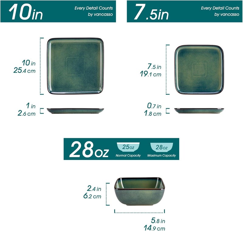 vancasso Stern Green Dinner Set Square Reactive Glaze Tableware 12 Pieces Kitchen Dinnerware Stoneware Crockery Set with Dinner Plate Dessert Plate Bowl Service for 4 - Image 2