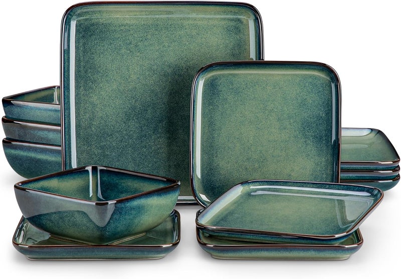 vancasso Stern Green Dinner Set Square Reactive Glaze Tableware 12 Pieces Kitchen Dinnerware Stoneware Crockery Set with Dinner Plate Dessert Plate Bowl Service for 4 - Image 1