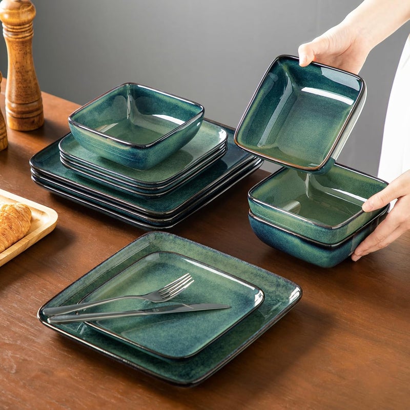 vancasso Stern Green Dinner Set Square Reactive Glaze Tableware 12 Pieces Kitchen Dinnerware Stoneware Crockery Set with Dinner Plate Dessert Plate Bowl Service for 4 - Image 5