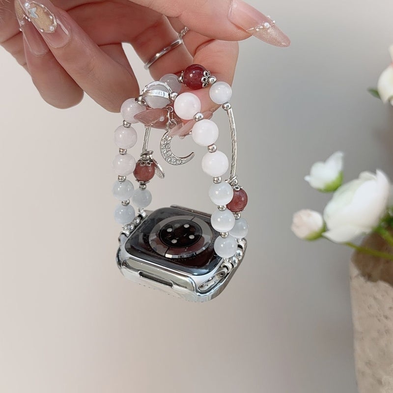 حزام من الخرز بتصميم عين القطة المزدوجة باللون الفضي لساعة Apple Watch مقاس 38 و40 و41 و42 ملم - Image 4