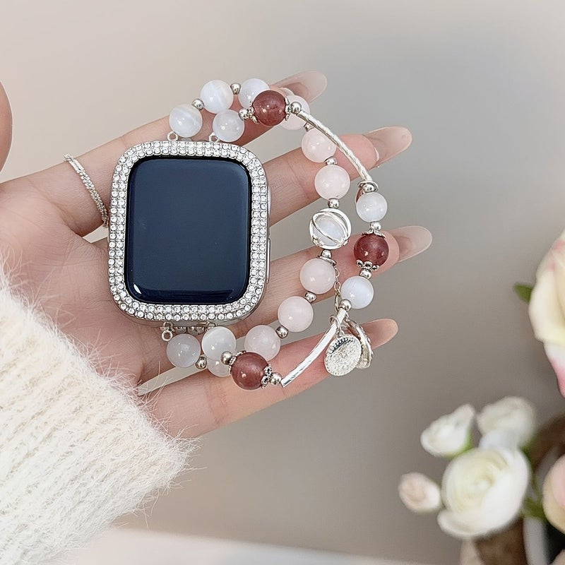 حزام من الخرز بتصميم عين القطة المزدوجة باللون الفضي لساعة Apple Watch مقاس 38 و40 و41 و42 ملم - Image 1