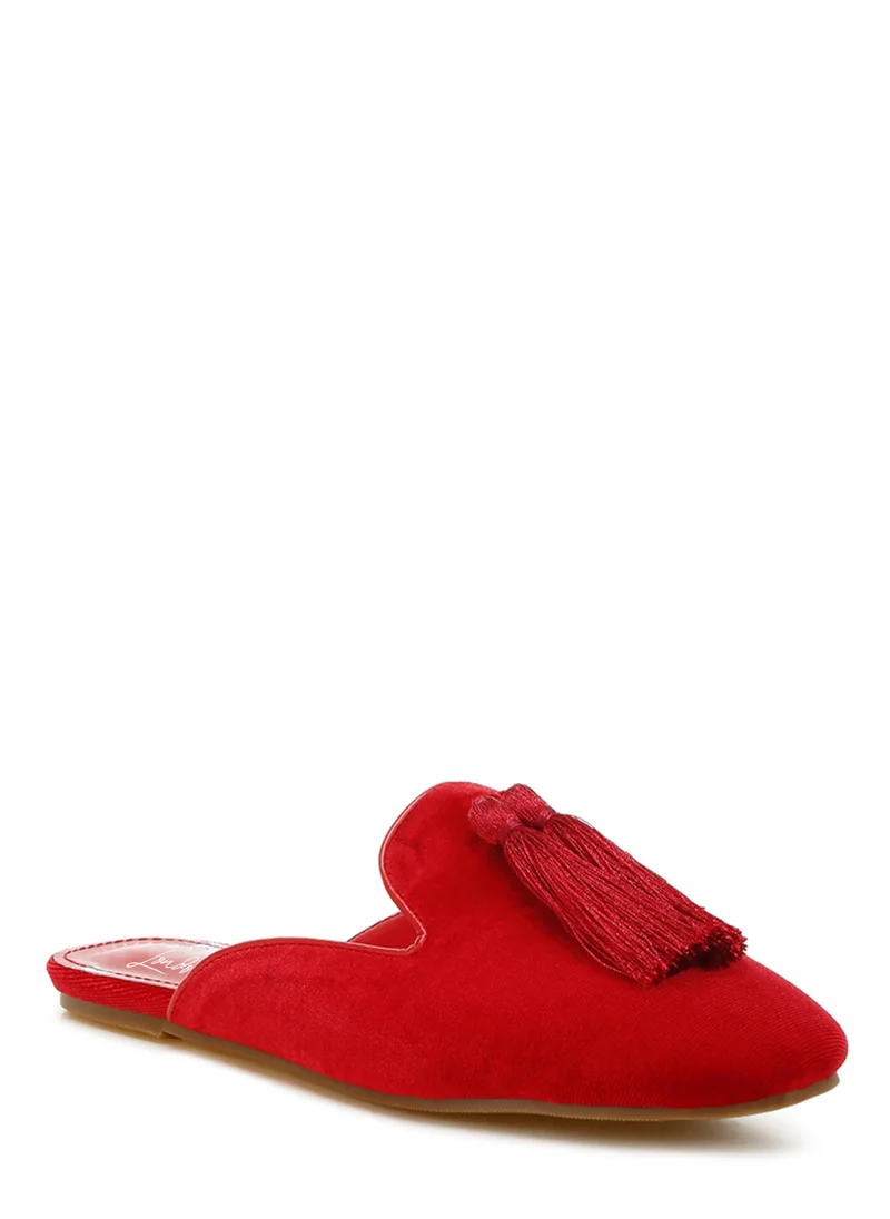 London Rag Tassel Detail Velvet Mules in Red