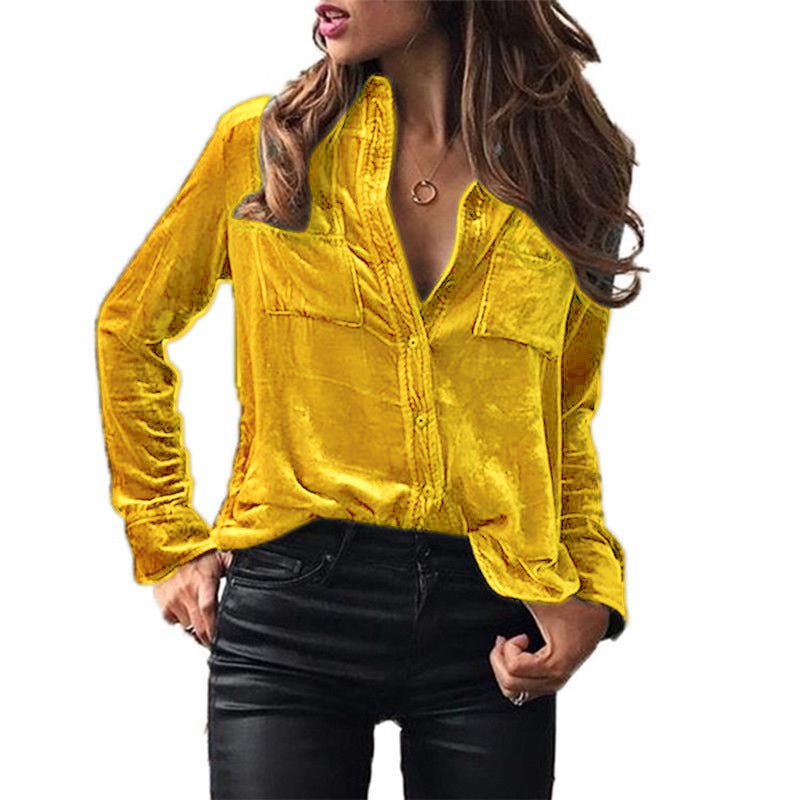 in stock Europe and the United States cross-border Amazon pocket shirt blouse solid color temperament long sleeve single breasted shirt women Yellow