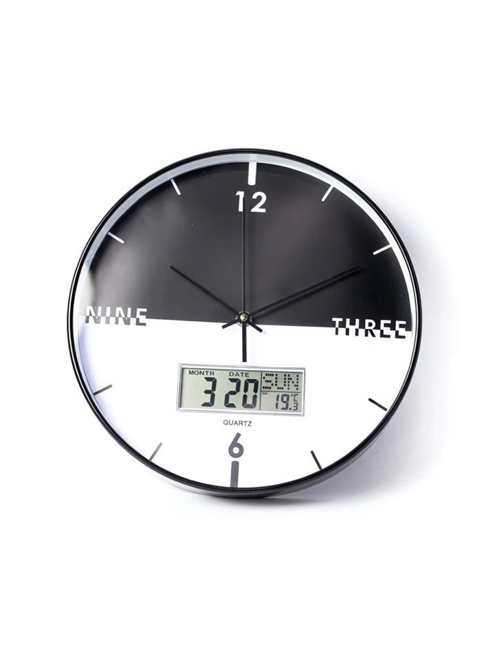 ماركة غير محددة New Style modern decorative round quartz wall clock large analoge display with LED digital display half black half white battery operated for homes and offices 30Cm - ck23 