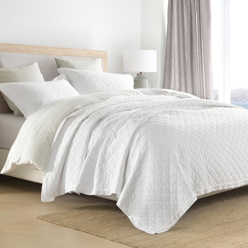 SahSahCasa Quilt Set King Size, 100% Cotton Quilt Bedding Set Bedspread, Diamond Pattern Stitching Solid Color Chic Lightweight Quilted Comforter for King Bed, White, All Season, 3 Pieces - Image 3