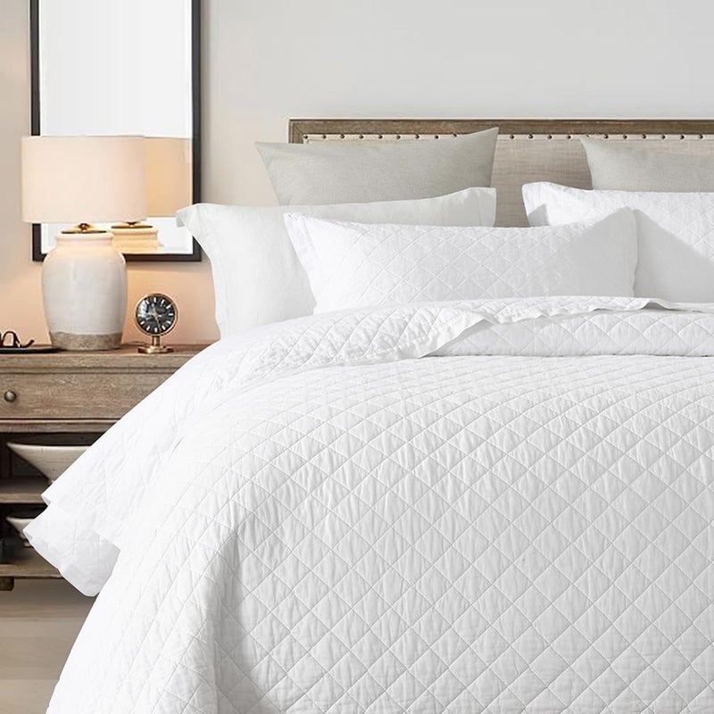 SahSahCasa Quilt Set King Size, 100% Cotton Quilt Bedding Set Bedspread, Diamond Pattern Stitching Solid Color Chic Lightweight Quilted Comforter for King Bed, White, All Season, 3 Pieces - Image 2