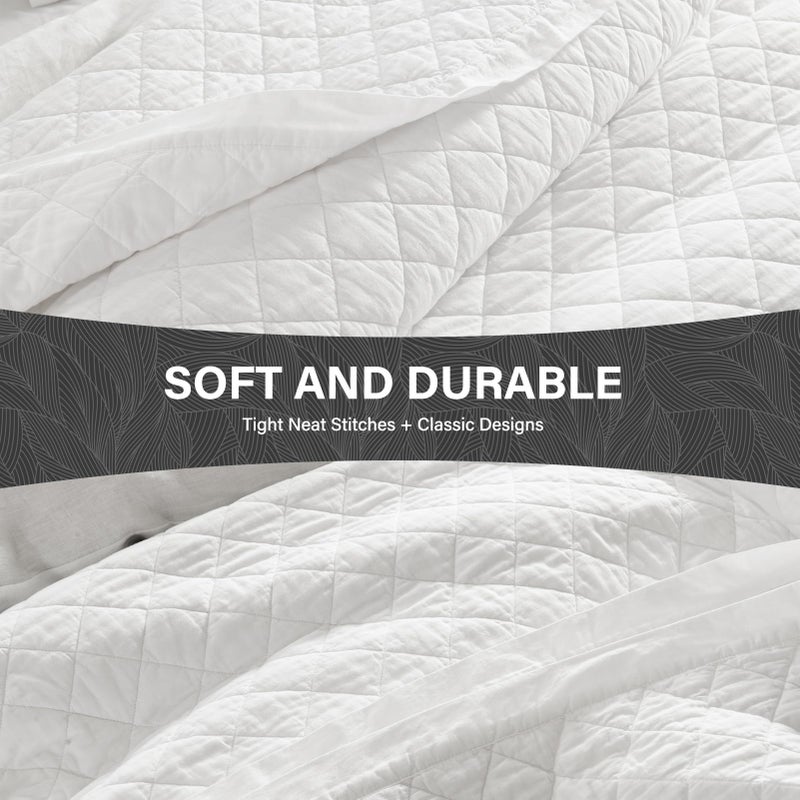 SahSahCasa Quilt Set King Size, 100% Cotton Quilt Bedding Set Bedspread, Diamond Pattern Stitching Solid Color Chic Lightweight Quilted Comforter for King Bed, White, All Season, 3 Pieces - Image 4
