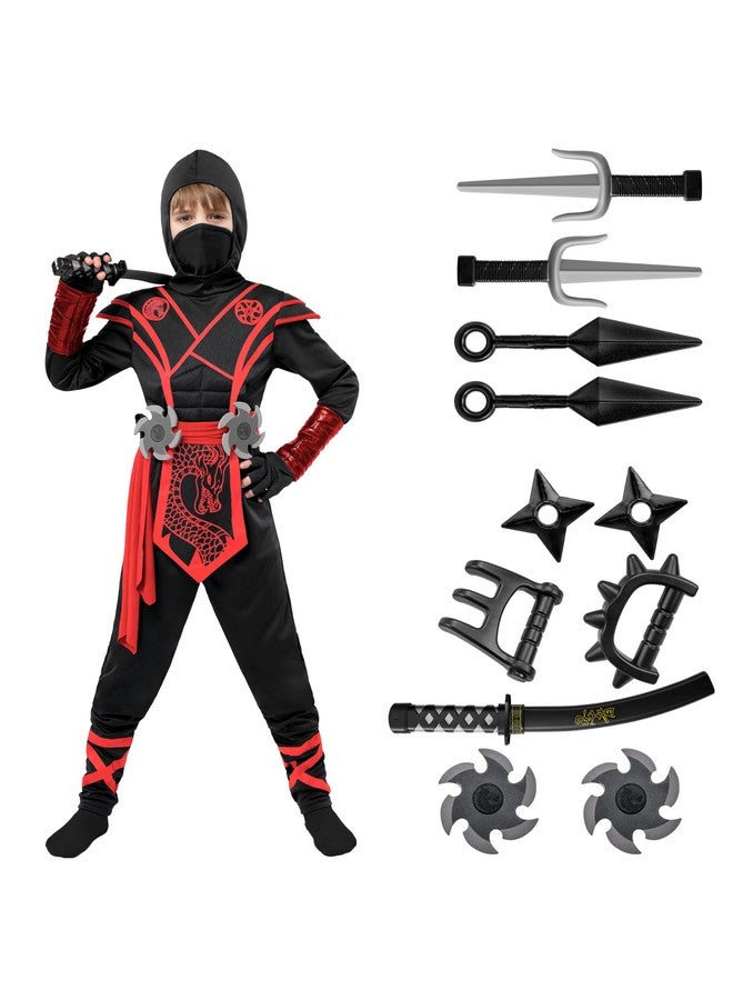 Spooktacular Creations Spooktacular Creations Halloween Ninja Costume Kids, Black Red Ninja Dragon Jumpsuit Set, Boys Halloween Costume for DressUp and RolePlay Party (Medium, 8-10 yrs) - Image 1