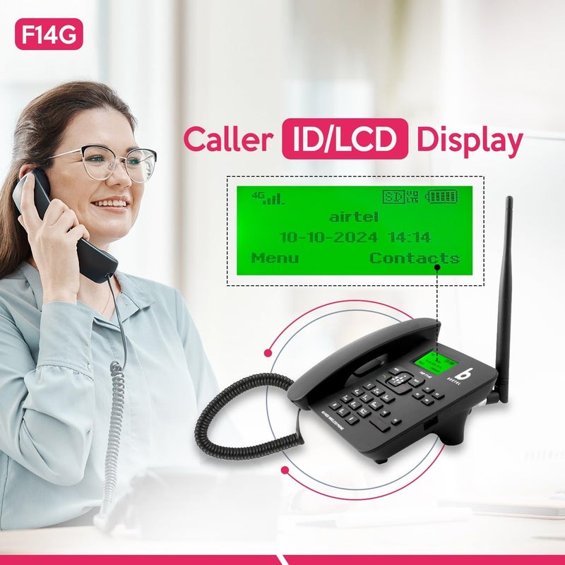 Beetel هاتف أرضي ثابت لاسلكي F1 4G، يدعم 4G VoLTE، شاشة LCD، اتصال سريع، هاتف مكبر صوت ثنائي الاتجاه وحجم قابل للتعديل، يدعم وظيفة الخط الساخن، إنذار، 4 مفاتيح ذاكرة مباشرة، مشغل MP3، SOS (أسود) - Image 3