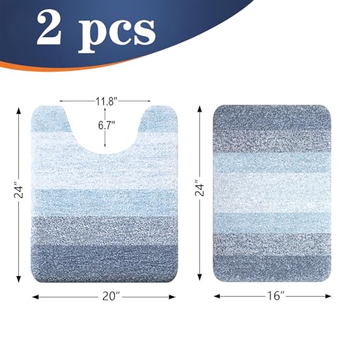 OLANLY Bathroom Rug Set 2 Piece, Soft Absorbent Microfiber Bath Mats and U-Shaped Contour Toilet Rug, Non-Slip, Machine Wash Dry, Plush Shaggy Bath Mats for Bathroom (24"x16"+24"x20", Blue) - Image 2