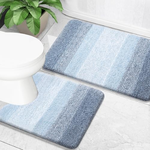 OLANLY Bathroom Rug Set 2 Piece, Soft Absorbent Microfiber Bath Mats and U-Shaped Contour Toilet Rug, Non-Slip, Machine Wash Dry, Plush Shaggy Bath Mats for Bathroom (24"x16"+24"x20", Blue) - Image 1