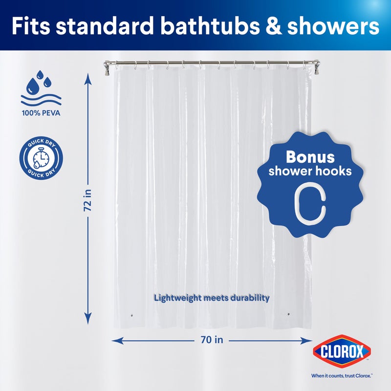 Clorox Shower Curtain Liner & Hooks, Premium Lightweight Flexible Waterproof 4g PEVA for Bathroom with Weighted Magnets, Standard Size 70" x 72", Clear 1 Pack - Image 2