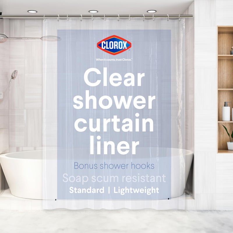 Clorox Shower Curtain Liner & Hooks, Premium Lightweight Flexible Waterproof 4g PEVA for Bathroom with Weighted Magnets, Standard Size 70" x 72", Clear 1 Pack - Image 1