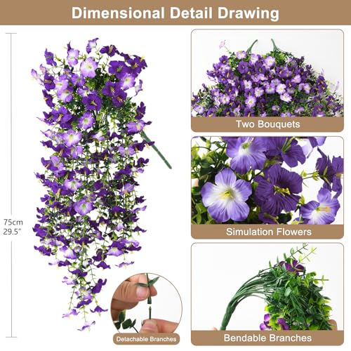 ZFProcess Artificial Hanging Flowers Plants for Outdoor Spring Summer Decoration, 2PCS Faux Silk Morning glory UV Resistant Look Real for Outside Home Indoor Planter Porch Garden Yard Decor(Dark Orchid) - Image 2