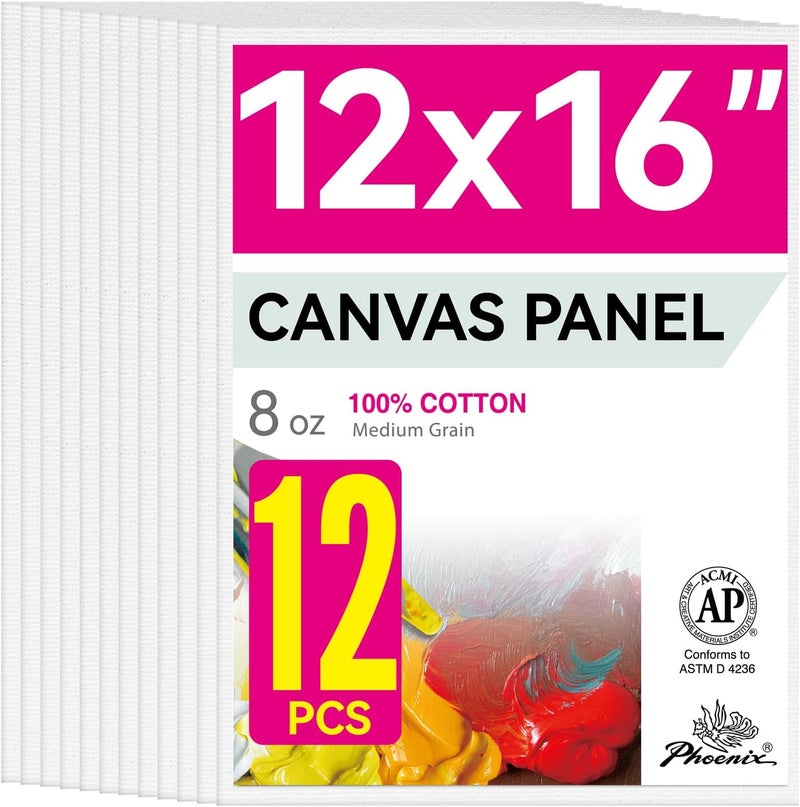 Phoenix Painting Canvas Panels 12x16 Inch, 12 Value Pack - 8 Oz Triple Primed 100% Cotton Acid Free Canvas Boards for Painting, White Blank Flat Canvas Boards for Acrylic, Oil Paints - Image 1