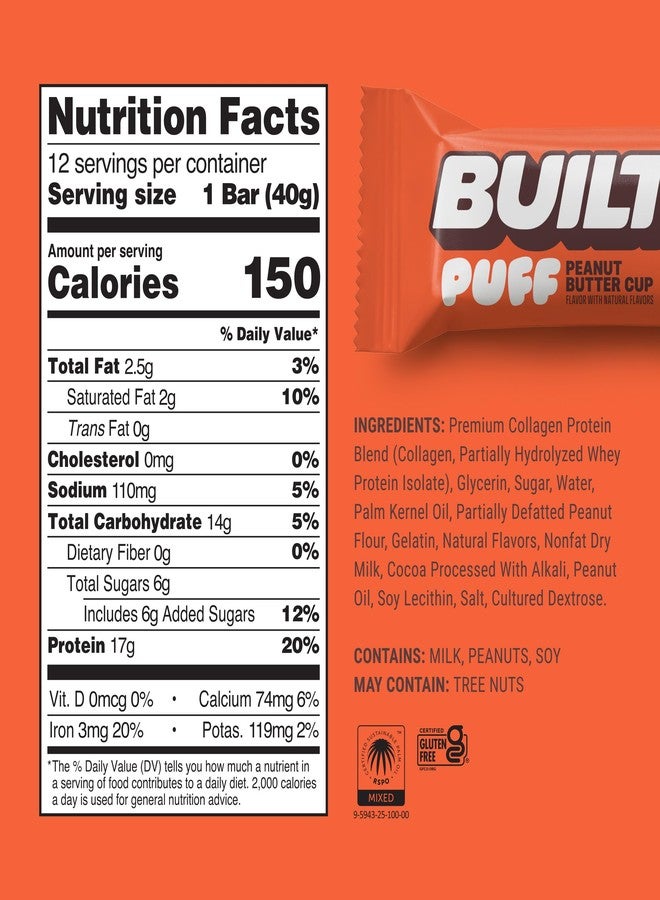 BUILT Bar Puff Protein Bars - Peanut Butter Cup - 17g Protein Snack Bars with Collagen - Calorie Conscious & Gluten Free - 12 Count - Image 4