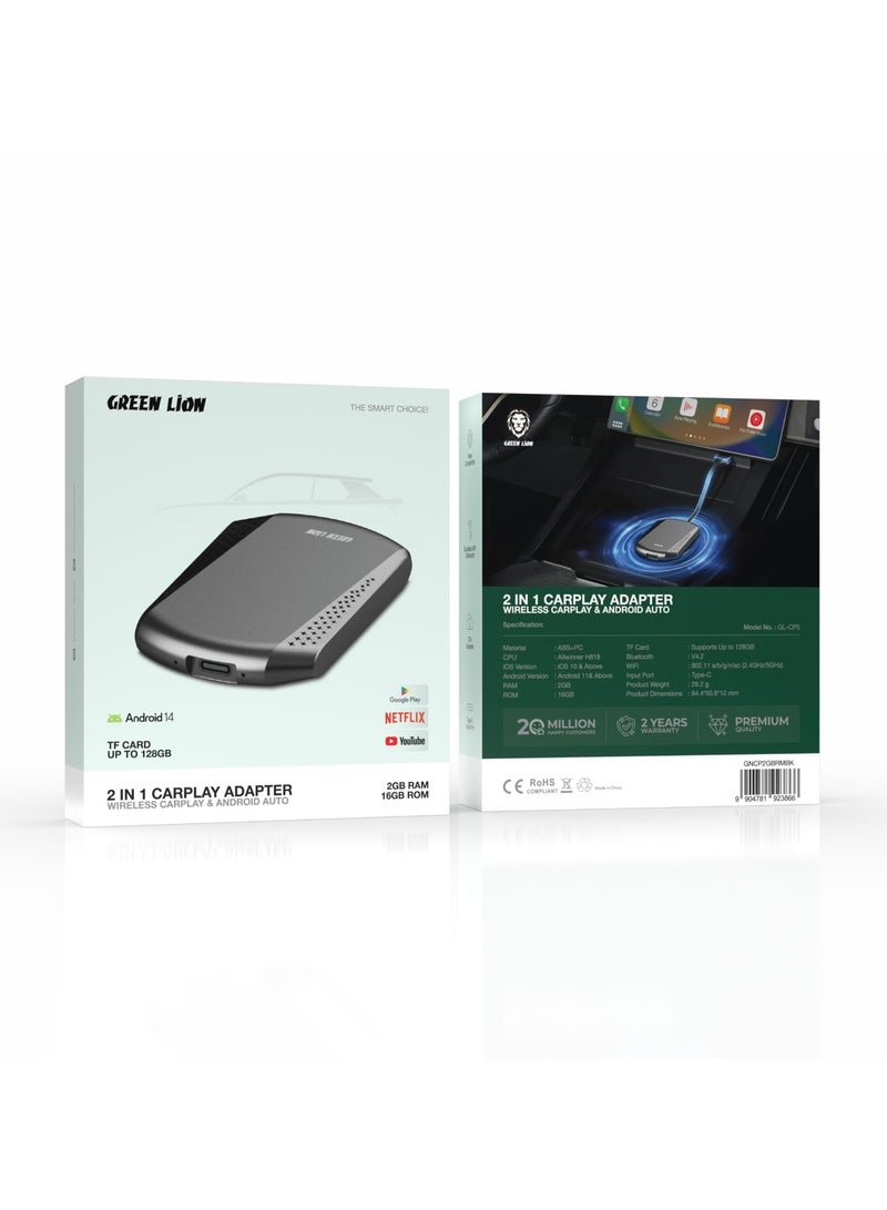 GREEN LION 2 IN 1 CarPlay Adapter 2GB RAM 16GB Rom / Wireless Car Play and Android Auto / Dual-Band WiFi & Bluetooth / Play Google Play, YouTube, Netflix / OTA Upgrades - Black  - Image 3