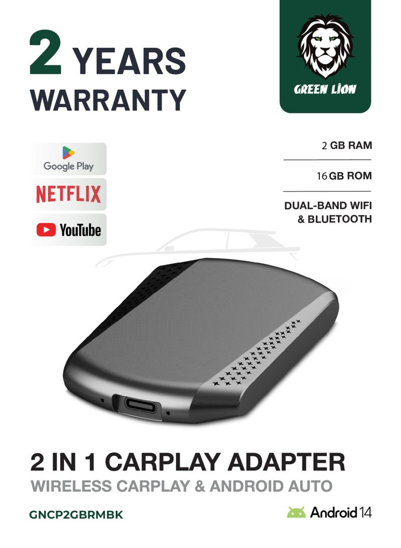 GREEN LION 2 IN 1 CarPlay Adapter 2GB RAM 16GB Rom / Wireless Car Play and Android Auto / Dual-Band WiFi & Bluetooth / Play Google Play, YouTube, Netflix / OTA Upgrades - Black - Image 1