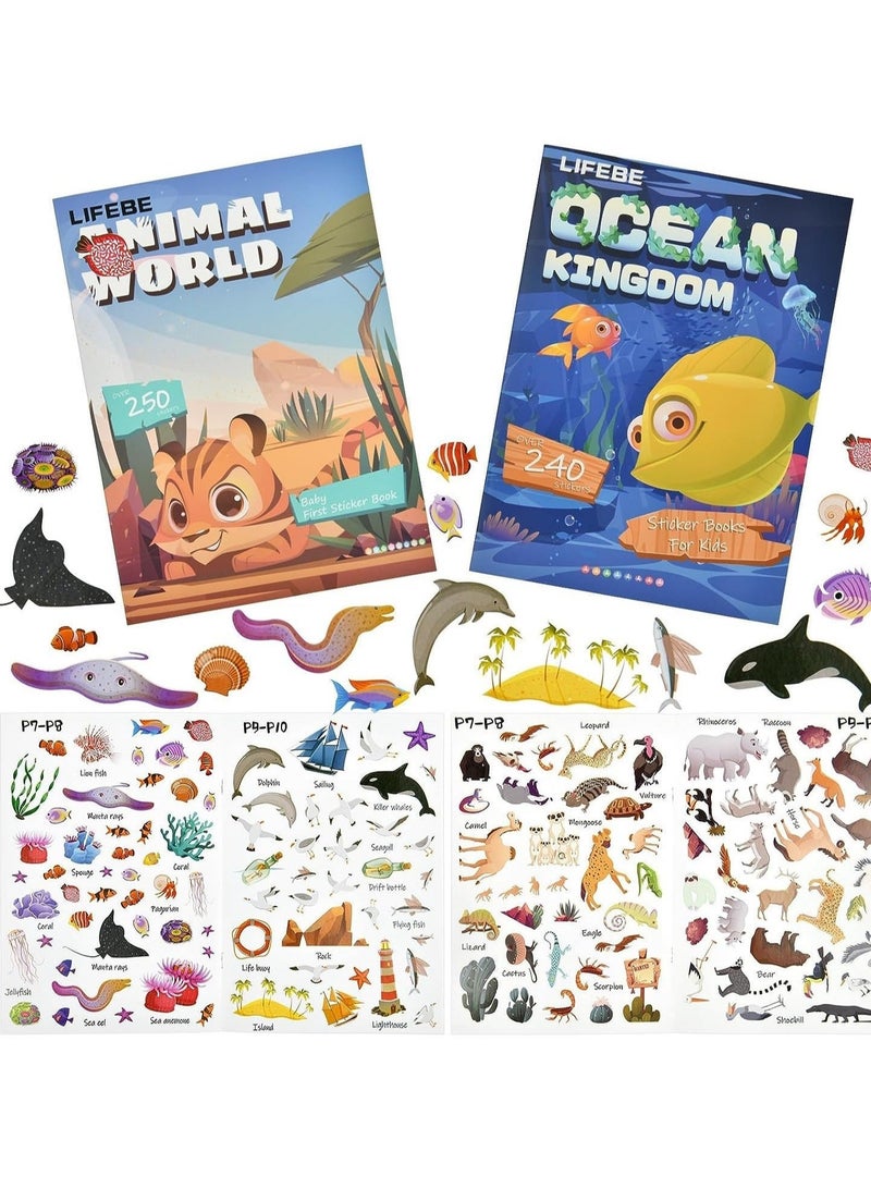 كابتن تيك Sticker Books, KASTWAVE 2Pcs Reusable Sticker Book Learning Toys for 2 to 6 Years Old Boys Girls, Deep Sea Kingdom and Animal World Sticker Books for Toddler Educational Sticker Toy - Image 1