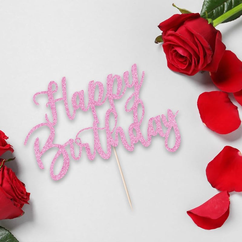 YUINYO Handmade Glitter happy birthday Cake Topper  Happy Birthday Cake Bunting Decor Birthday Party Decoration Supplies (pink) - Image 3
