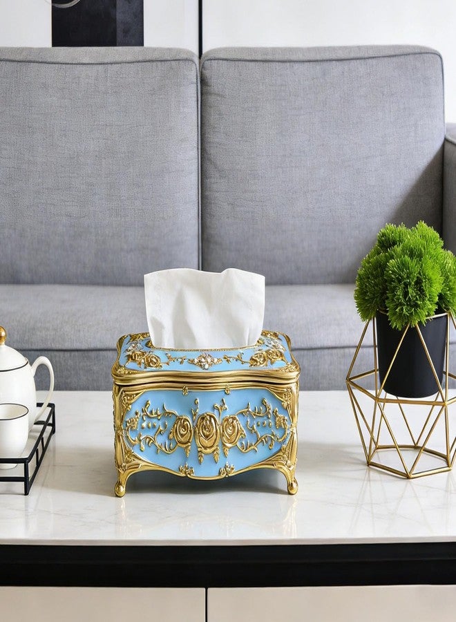 acdiac Luxurious European-Style Vintage Tissue Box Cover with Roses and Rhinestones Decor for Living Rooms Bathrooms Bedrooms Studies Offices Restaurant (Gold&Blue) - Image 2