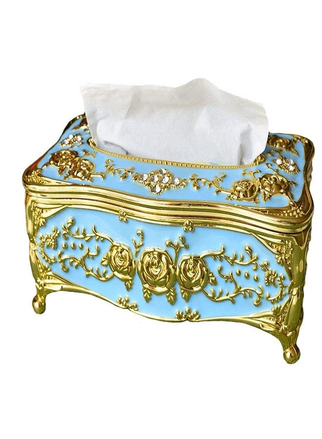 acdiac Luxurious European-Style Vintage Tissue Box Cover with Roses and Rhinestones Decor for Living Rooms Bathrooms Bedrooms Studies Offices Restaurant (Gold&Blue) - Image 4