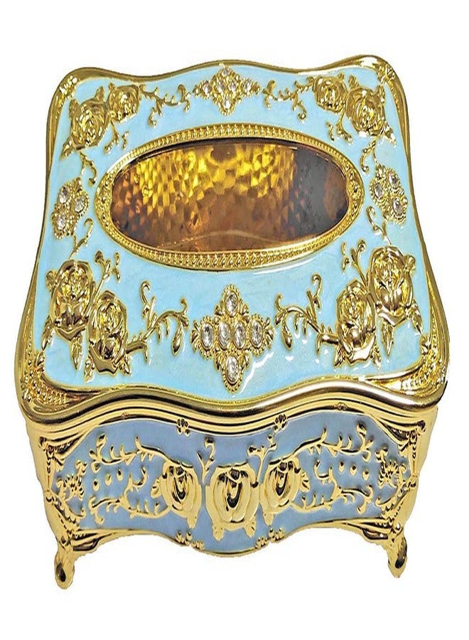 acdiac Luxurious European-Style Vintage Tissue Box Cover with Roses and Rhinestones Decor for Living Rooms Bathrooms Bedrooms Studies Offices Restaurant (Gold&Blue) - Image 1