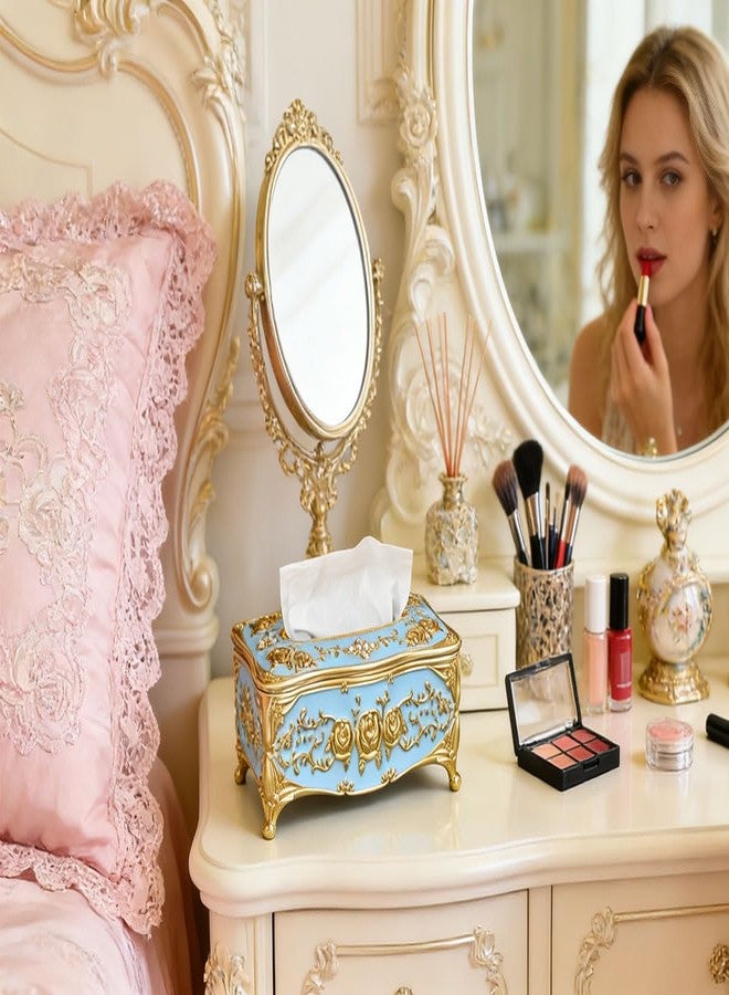 acdiac Luxurious European-Style Vintage Tissue Box Cover with Roses and Rhinestones Decor for Living Rooms Bathrooms Bedrooms Studies Offices Restaurant (Gold&Blue) - Image 3