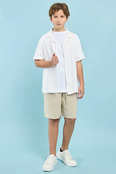 R&B Self Design Shirt with Revere Collar and Short Sleeves