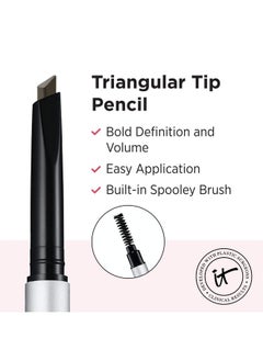 IT COSMETICS IT Cosmetics Brow PowerFULL, Universal Taupe - Universal Eyebrow Pencil with Triangular Tip - Delivers Bold Volume & Shaping - Budge-Proof Formula - Built-In Spoolie - 0.012 oz  - Image 4