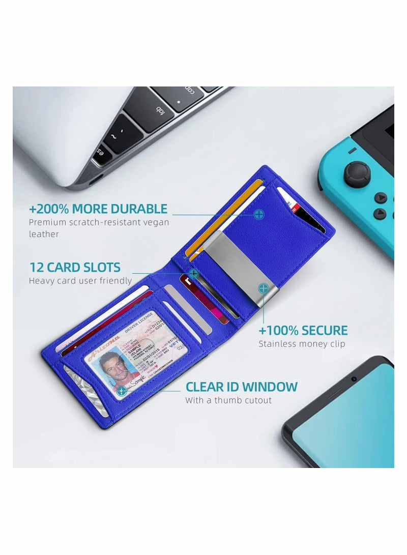 KASTWAVE Wallet for Men Slim Larger Capacity with 12 Slots RFID Blocking Men's Minimalist Money Pocket Bifold Leather ID Window Gift Box - Image 2