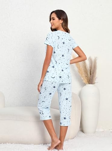 PNAEONG Women’s Pajama Set - Sleepwear Tops with Capri Pants Casual and Fun Prints Pajama Sets SY215-Blue Star-3XL - Image 3