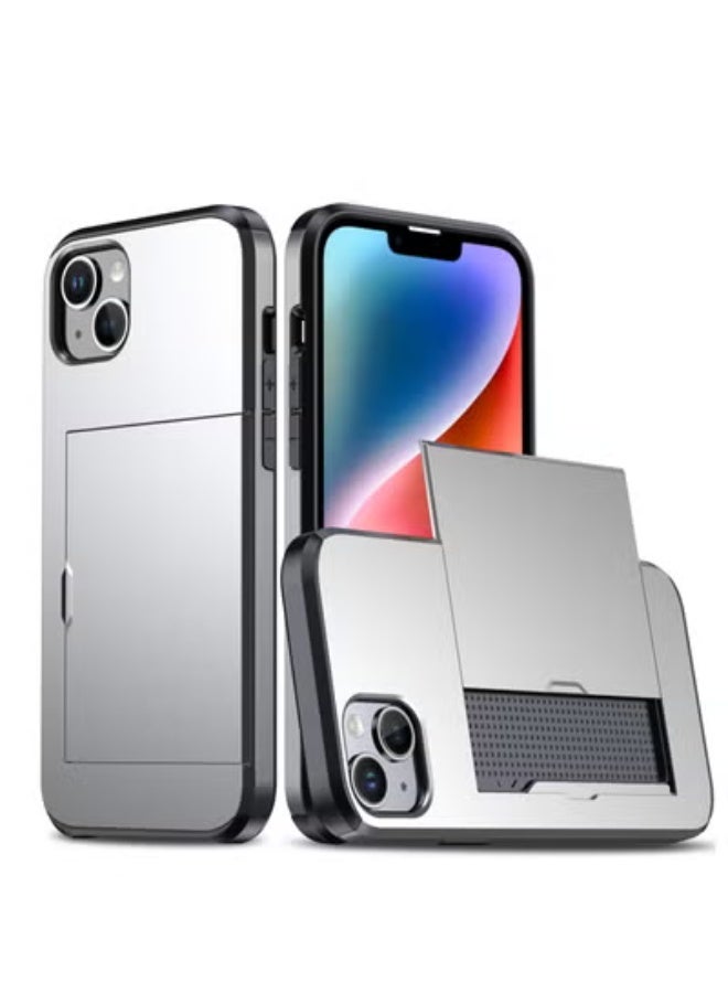 GULFLINK iPhone 15 Case with Card Holder Heavy Duty Protective Dual Layer Shockproof Hidden Card Slot Wallet Case Silver - Image 1
