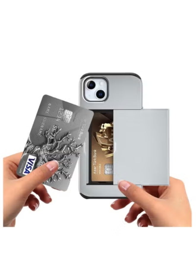 GULFLINK iPhone 15 Case with Card Holder Heavy Duty Protective Dual Layer Shockproof Hidden Card Slot Wallet Case Silver - Image 2