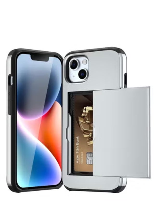 GULFLINK iPhone 15 Case with Card Holder Heavy Duty Protective Dual Layer Shockproof Hidden Card Slot Wallet Case Silver - Image 3